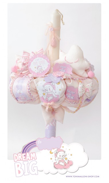 Lumanare botez pentru fetite cu ursuleti roz si norisori pufosi, 65x4 cm, Dream big little girl  7
